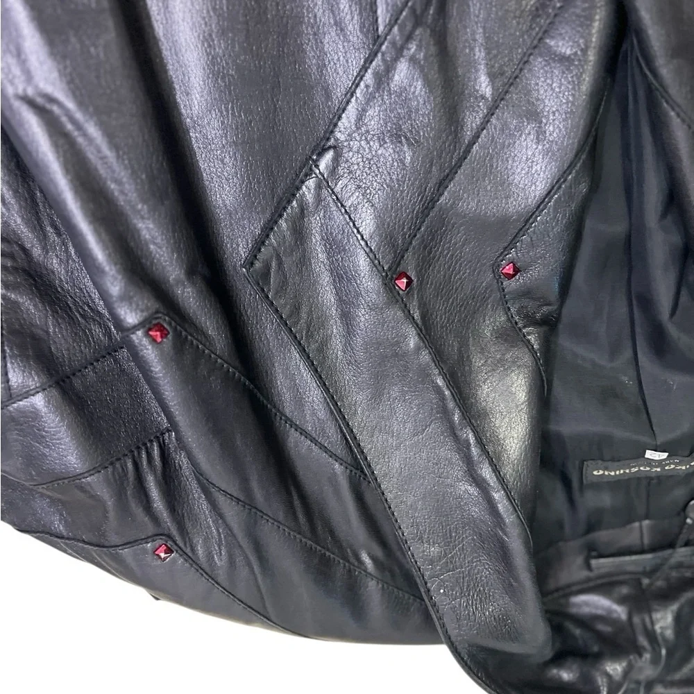 Vintage Junko Koshino Black Leather Jacket Red Glass Studs Shoulder Pads Men 42